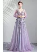 Fairytale Purle Long Tulle Prom Dress Floral With Tulle Long Sleeves