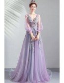 Fairytale Purle Long Tulle Prom Dress Floral With Tulle Long Sleeves