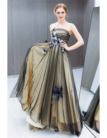 Black Tulle Train Length Strapless Prom Dress With Flowers