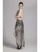 Sexy Halter Sequined Long Prom Dress With Front Split