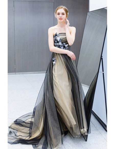 Black Tulle Train Length Strapless Prom Dress With Flowers