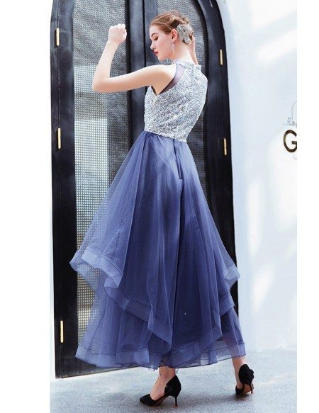 Silver With Blue Tulle Maxi Party Dress With Sequins Top