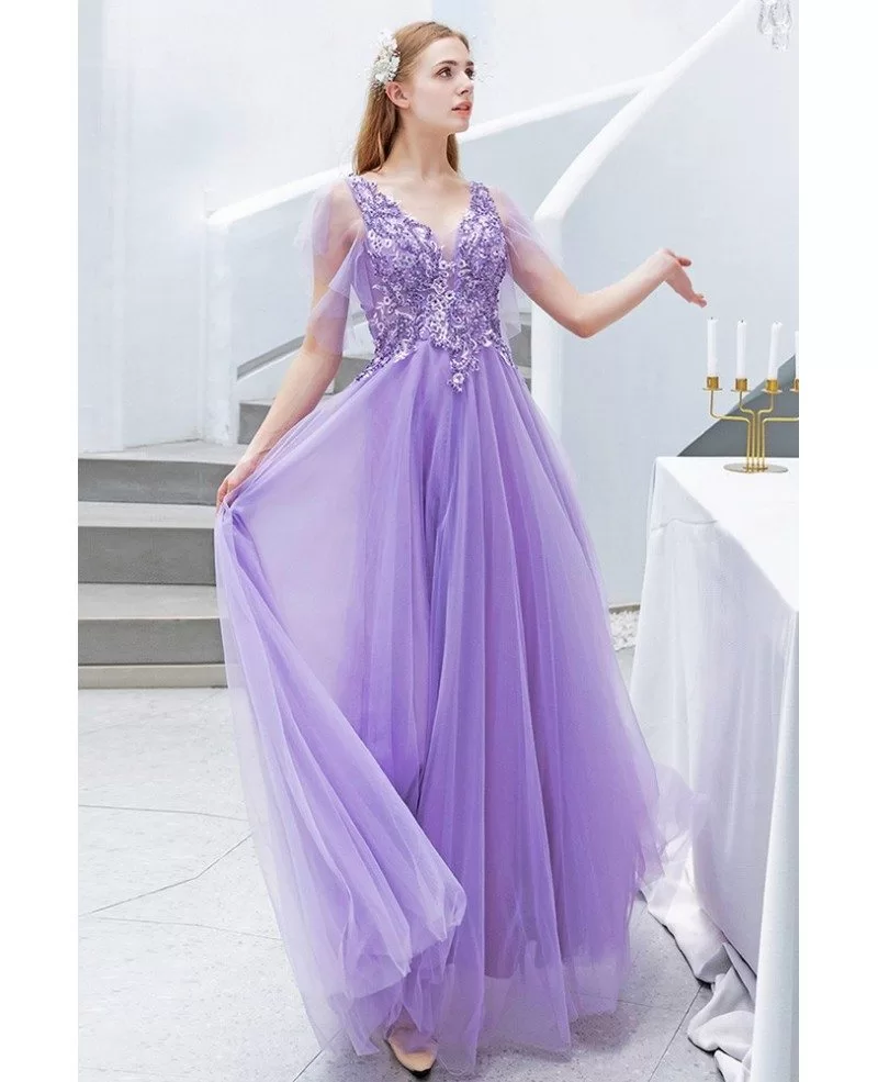 Pretty Purple Long Tulle Prom Dress Vneck With Tulle Sleeves Beadings ...
