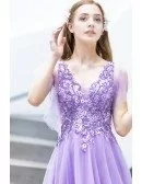 Pretty Purple Long Tulle Prom Dress Vneck With Tulle Sleeves Beadings