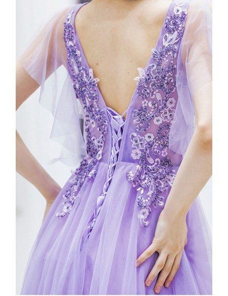 Pretty Purple Long Tulle Prom Dress Vneck With Tulle Sleeves Beadings
