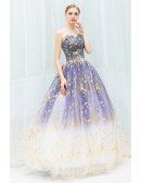 Fantasy Ombre Blue With Gold Long Tulle Prom Party Dress Strapless