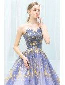 Fantasy Ombre Blue With Gold Long Tulle Prom Party Dress Strapless