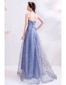 Fantasy Blue Tulle Sparkly Long Prom Dress Strapless With Train