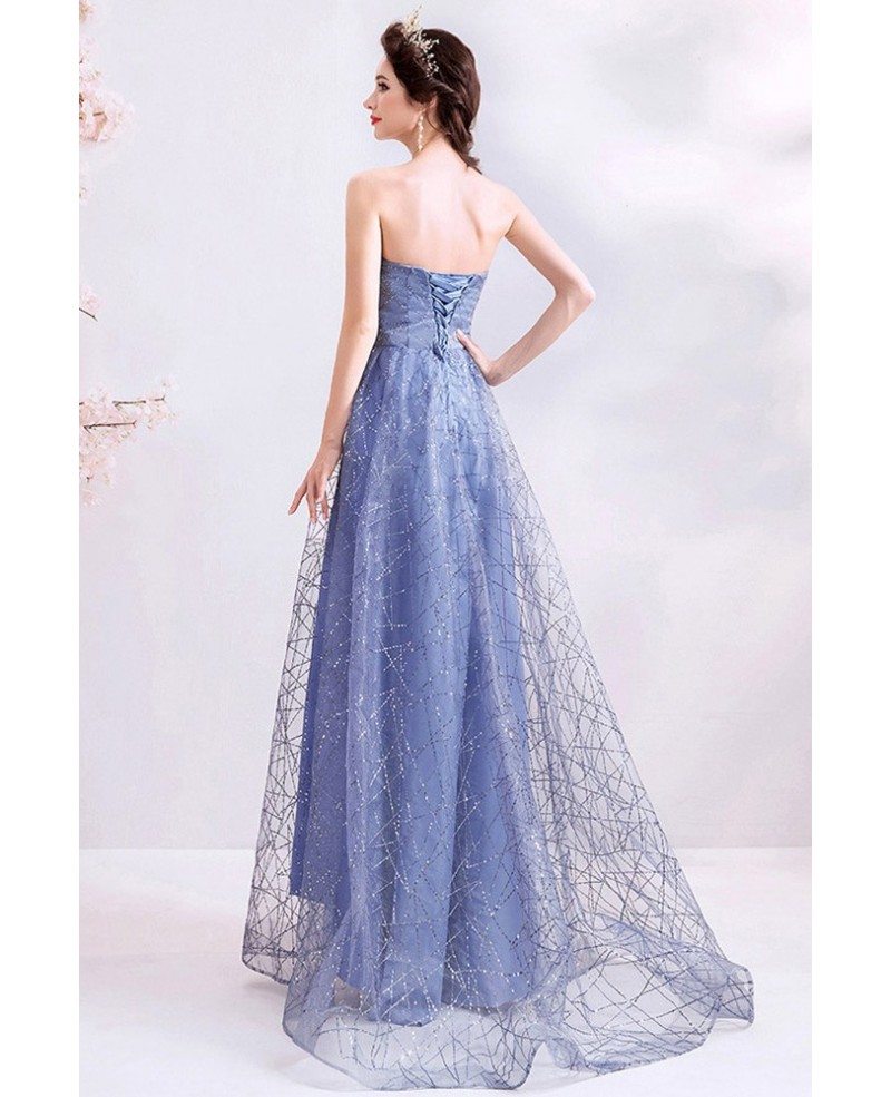 Fantasy Blue Tulle Sparkly Long Prom Dress Strapless With Train ...