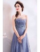 Fantasy Blue Tulle Sparkly Long Prom Dress Strapless With Train