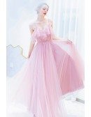 Cute Pink Flowy Long Tulle Prom Dress With Beaded Spaghetti Straps