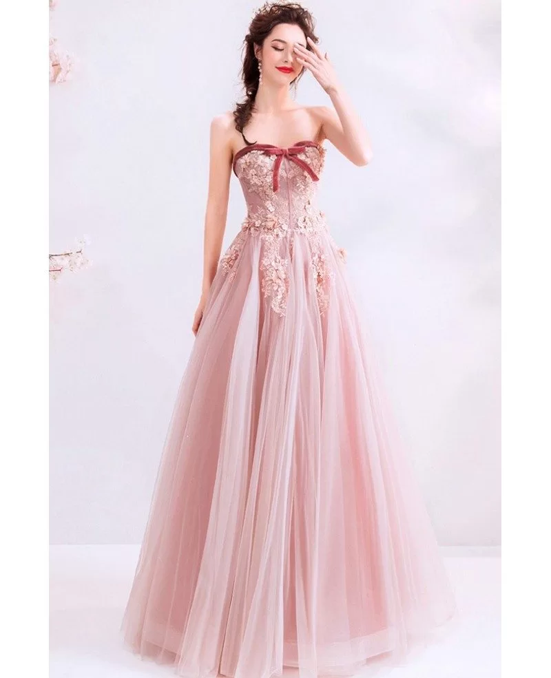 Super Cute Dusty Pink Long Tulle Prom Dress With Sweetheart Flowers ...