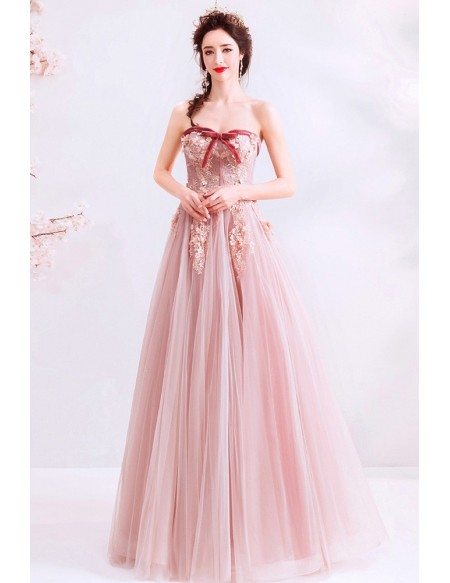 Super Cute Dusty Pink Long Tulle Prom Dress With Sweetheart Flowers