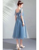 Dusty Blue Tea Length Tulle Formal Party Dress Vneck With Puffy Sleeves