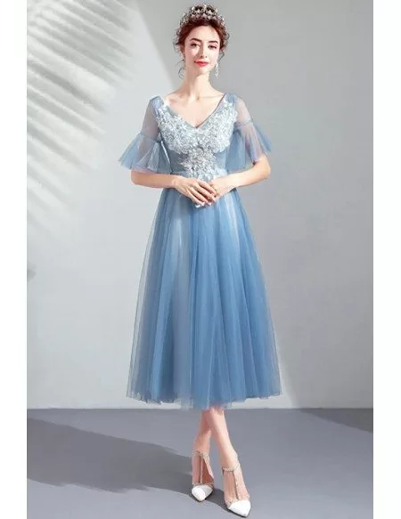 Dusty Blue Tea Length Tulle Formal Party Dress Vneck With Puffy Sleeves