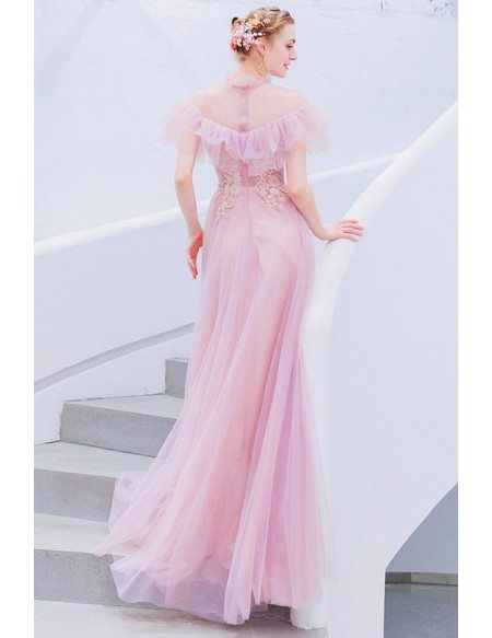 Cute Pink Beaded Flowers Long Party Dress With Illusion Neckline