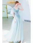 Dusty Green Long Tulle Prom Dress Flowy Vneck With Straps