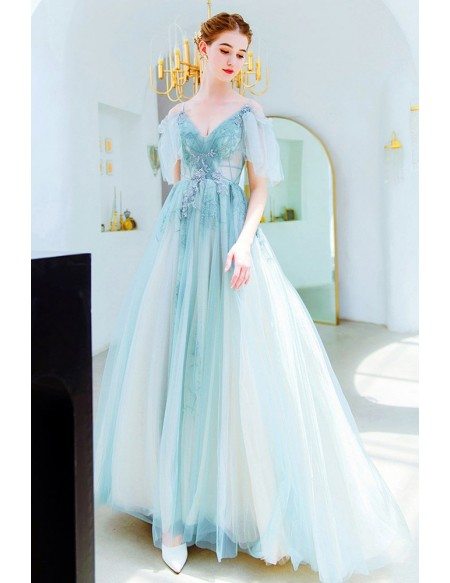 Dusty Green Long Tulle Prom Dress Flowy Vneck With Straps