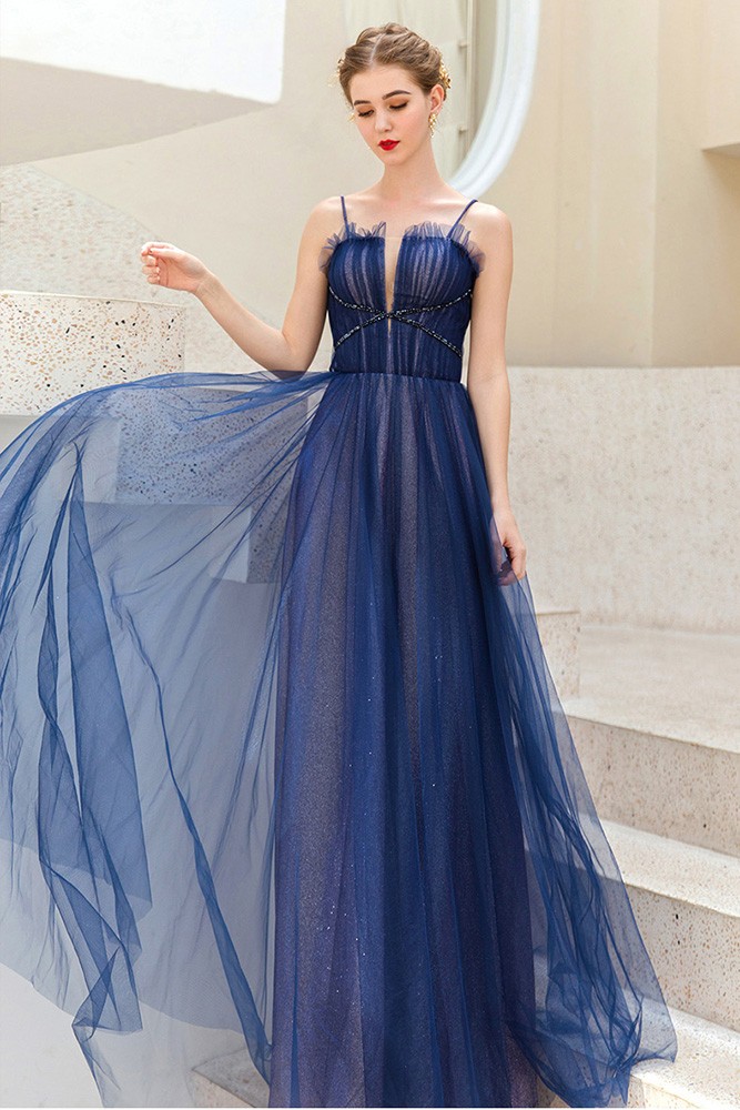 Noble Blue Tulle Formal Party Dress With Train Spaghetti Straps ...