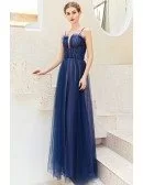 Noble Blue Tulle Formal Party Dress With Train Spaghetti Straps