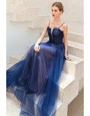 Noble Blue Tulle Formal Party Dress With Train Spaghetti Straps