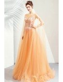 Luxe Gold Long Tulle Aline Prom Dress With Tulle Cape