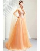 Luxe Gold Long Tulle Aline Prom Dress With Tulle Cape