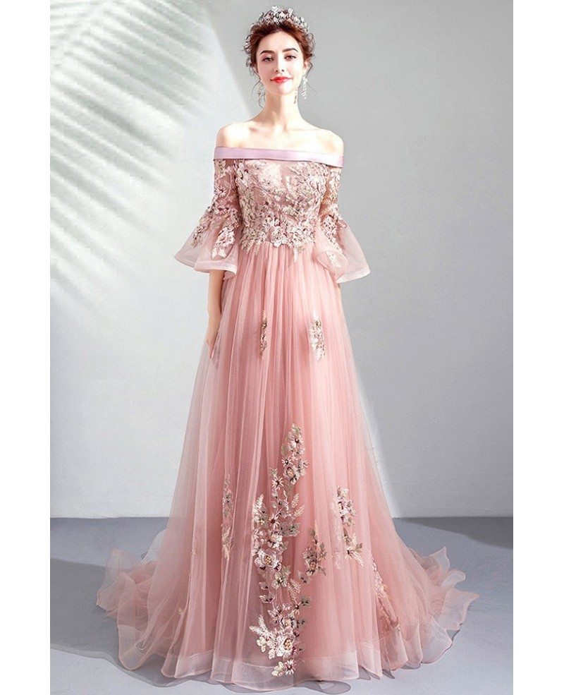 Off Shoulder Pink Belle Sleeves Long Prom Dress With Train Wholesale # ...