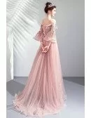 Off Shoulder Pink Belle Sleeves Long Prom Dress With Train
