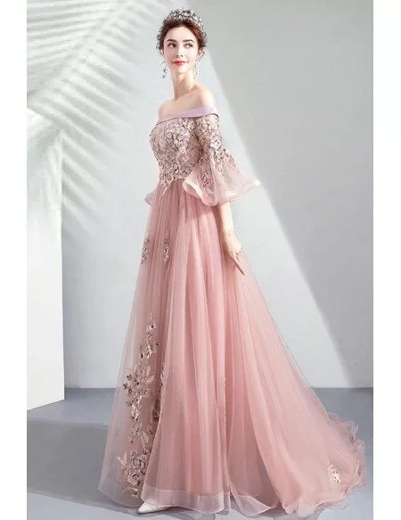 Off Shoulder Pink Belle Sleeves Long Prom Dress With Train