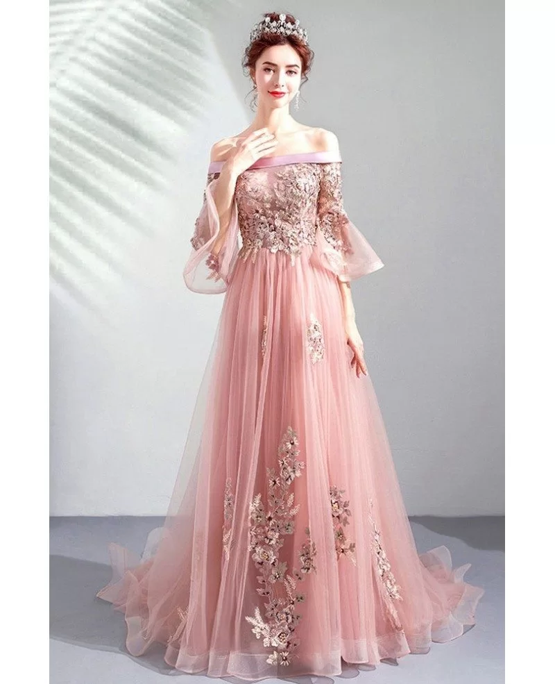Off Shoulder Pink Belle Sleeves Long Prom Dress With Train Wholesale # ...