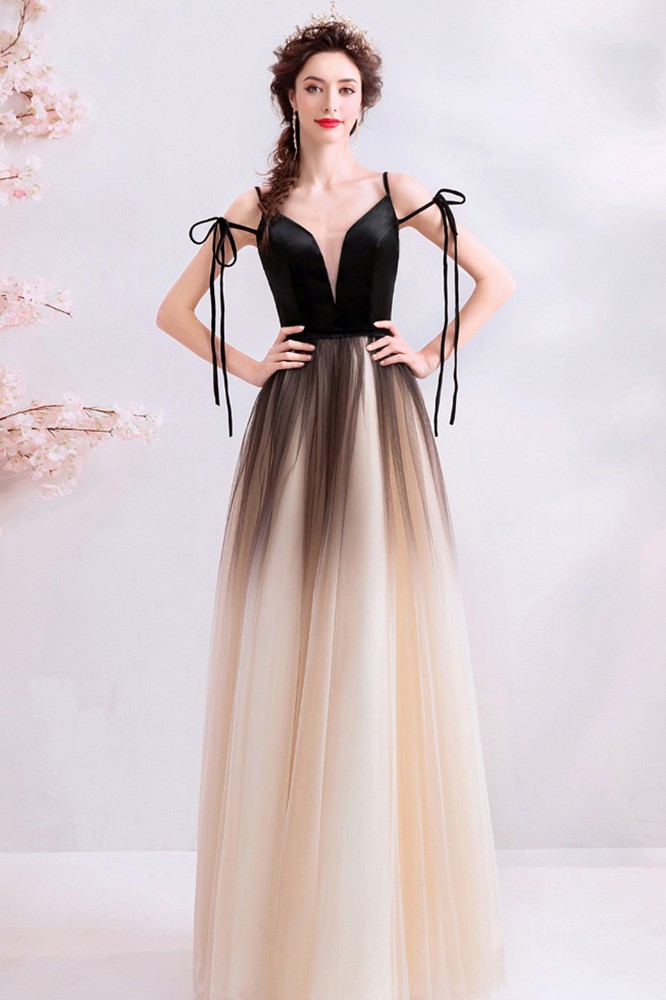 Elegant Spaghetti Straps Ombre Black Tulle Layered A Line Long Party Dress Evening Dress D2416