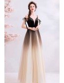 Mistery Ombre Black Tulle Prom Dress Long With Spaghetti Straps