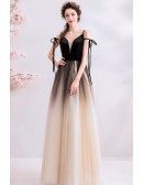Mistery Ombre Black Tulle Prom Dress Long With Spaghetti Straps