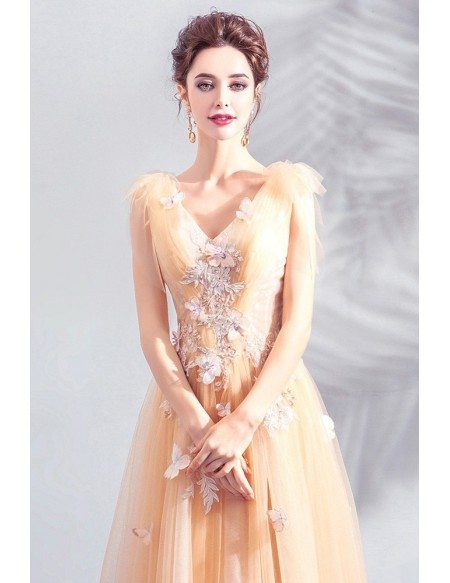 Pretty Butterflies Long Tulle Prom Dress Vneck With Embroidery
