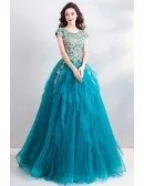 Luxury Turquoise Big Ballgown Prom Dress Formal With Embroidery Cap Sleeves