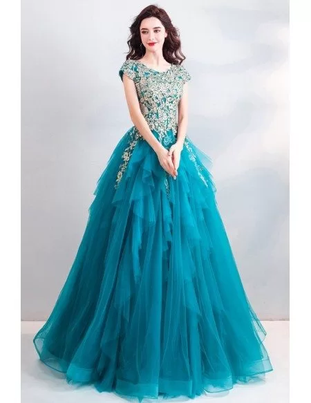 Luxury Turquoise Big Ballgown Prom Dress Formal With Embroidery Cap Sleeves