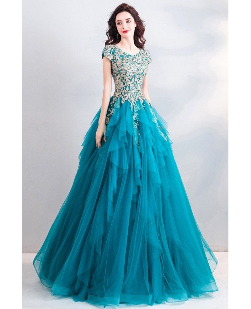 Luxury Turquoise Big Ballgown Prom Dress Formal With Embroidery Cap ...