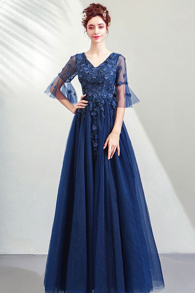 Modest Blue Tulle Prom Dress Aline Vneck With Tulle Sleeves Wholesale # ...