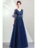 Modest Blue Tulle Prom Dress Aline Vneck With Tulle Sleeves