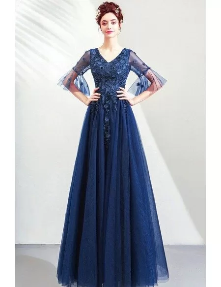 Modest Blue Tulle Prom Dress Aline Vneck With Tulle Sleeves