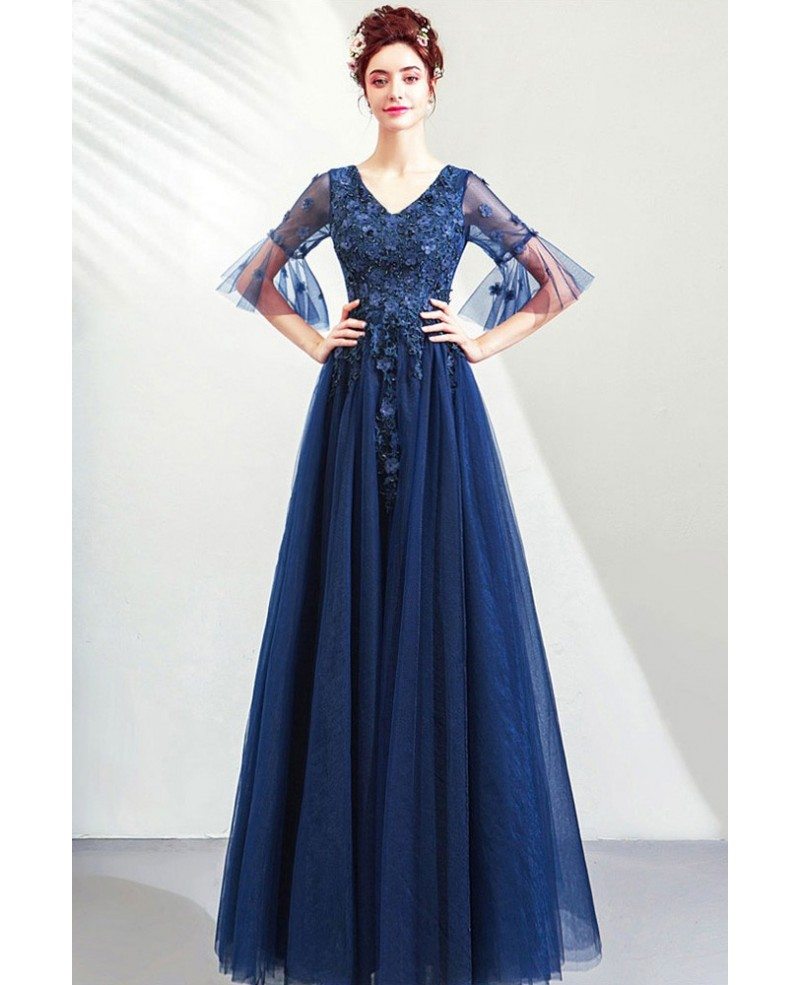 Modest Blue Tulle Prom Dress Aline Vneck With Tulle Sleeves Wholesale # ...