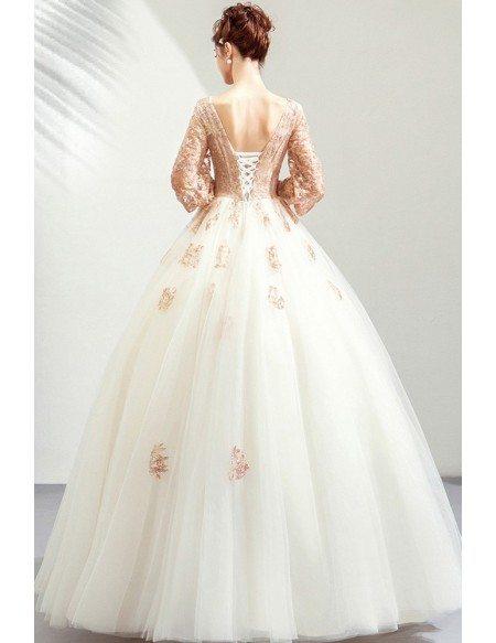 Sparkly Ligh Champagne Ballgown Tulle Prom Dress Formal With Long Sleeves