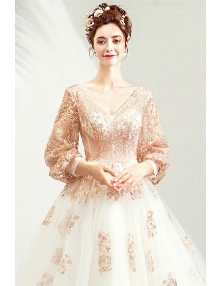 Sparkly Ligh Champagne Ballgown Tulle Prom Dress Formal With Long Sleeves