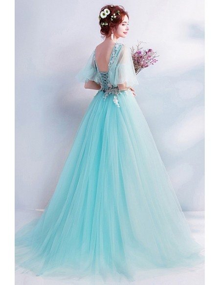 Fairytale Seamist Blue Prom Dress Ballgown With Puffy Sleeves Vneck