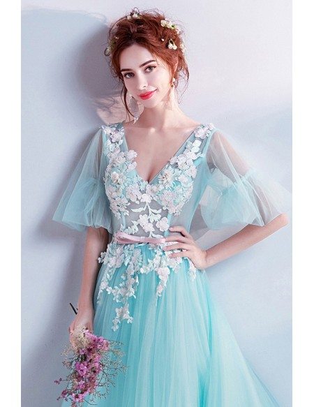 Fairytale Seamist Blue Prom Dress Ballgown With Puffy Sleeves Vneck