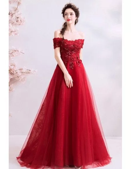 Gorgeous Red Off Shoulder Sleeves Long Tulle Prom Dress With Beading