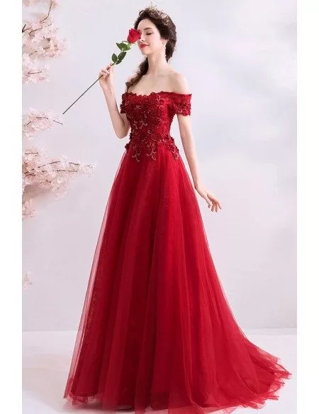 Gorgeous Red Off Shoulder Sleeves Long Tulle Prom Dress With Beading