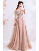 Romantic Nude Pink Off Shoulder Prom Dress Long Tulle With Beading