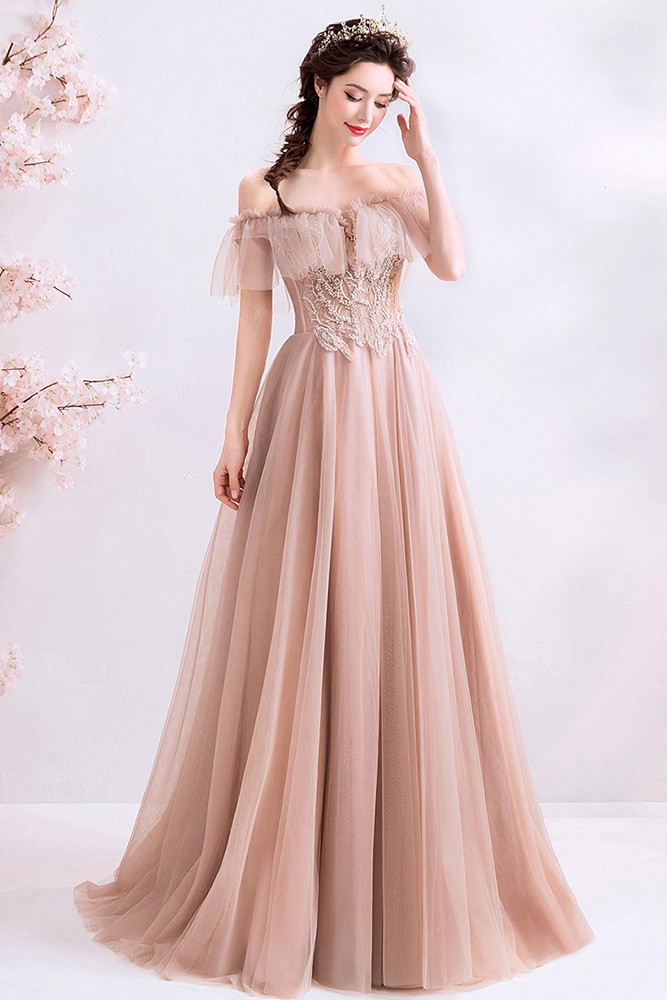 Romantic Nude Pink Off Shoulder Prom Dress Long Tulle With Beading ...